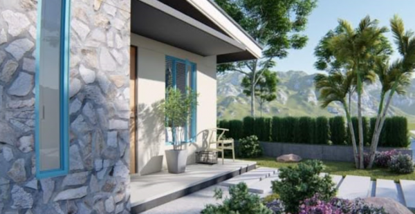 Villa minimalis dengan aksen batu alam